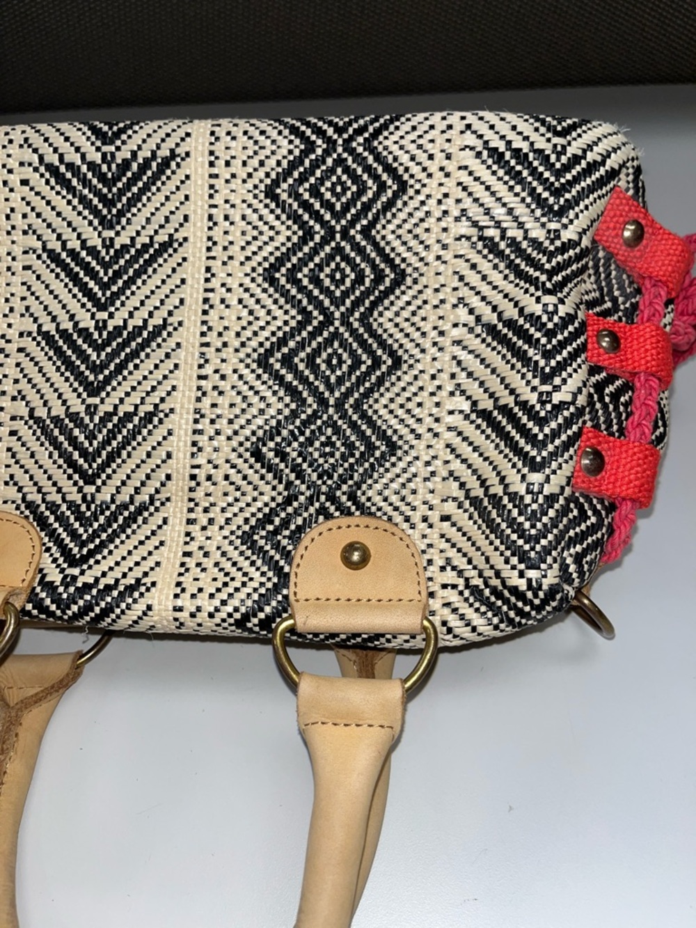 Miss Albright Speciality Woven Chevron Satchel Handbag in Black, Cream & Red - Picture 6 of 16